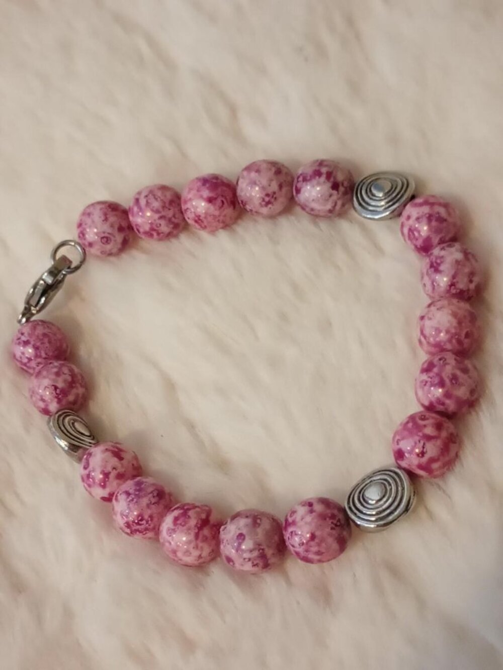 Czech Glass Pink Color Beaded Bracelet Stainless Steel Clasp Handmade 6.75 inche